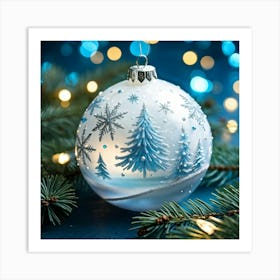 Closeup Of A Shiny White Bauble Adorned With Snowflakes Reflecting The Merry Lights Of A Festive Ch Art Print