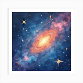 Watercolor Cosmic Canvas With Floating Star Clusters 1 Art Print