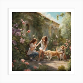 Two Girls And Dogs Art Print