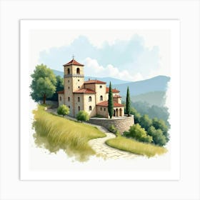 Watercolor Scene Of A Serene Spanish Monastery Nestled In Nature Art Print