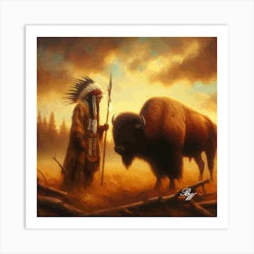 Native American Indian And Buffalo 2 Copy Art Print