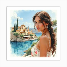 A Beautiful Greek Woman In Watercolor, Framed By The Classic Allure Of A Mediterranean Village 1 Art Print