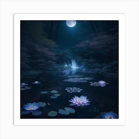 A Dreamy Moonlit Pond In A Dense Forest Art Print