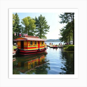 Colorful Houseboat Moored At A Lively Lakeside Campground 1 Art Print