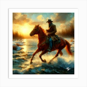 Cowboy Riding Across A Stream Copy Art Print