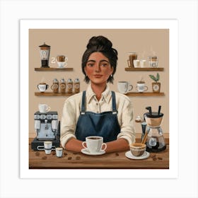a skilled barista in a cozy coffee shop, surrounded by espresso machines, coffee beans, and latte art. This warm and visually rich art print is perfect for coffee enthusiasts and those who appreciate the craft of specialty coffee, bringing a touch of coffee culture to home decor. Art Print
