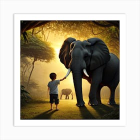 Elephant Walked In The Jungle With Kid Art Print