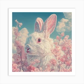 White Rabbit In Pink Blossoms Art Print