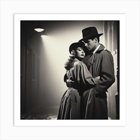 Rendezvous 1/4   (art noir detective Maltese falcon sleuth private dick eye pi trench coat couple romance secret desire 1950s 1940s 1930s 1920s movie black and white Casablanca)     Art Print