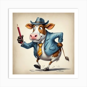 Cartoon Cow Holding A Pencil Art Print