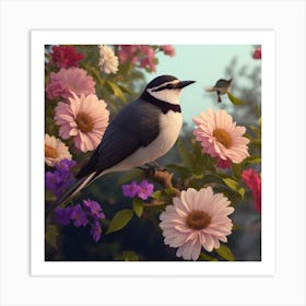 A Bird Over The Flowers Art Print