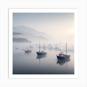 Dreamshaper V7 A Serene Fogcovered Harbor With Fishing Boats G 1 Art Print