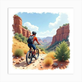 Mountain Bike On A Rocky Trail With A Canyon View Watercolor 1 Art Print