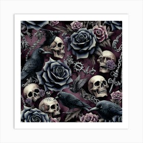 Gothic Skulls And Black Roses Pattern Art Print