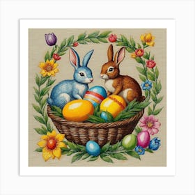 Easter Bunnies In Basket Art Print