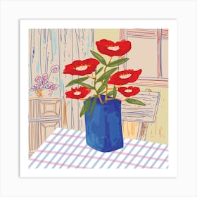 Red Flowers In A Blue Vase Mid Century Art Print