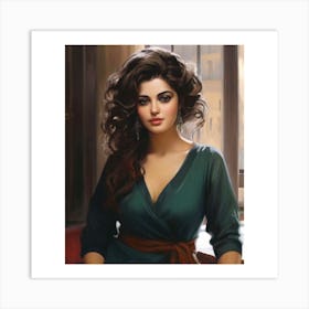 could be "beautiful woman," "long dark hair," "green dress," "brown belt," "sitting in a chair," "cityscape," and "thoughtful expression." Art Print