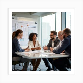 Business Strategy Meeting In Action With A Diverse Group Of Four Adults Two Women And Two Men Stra (4) Art Print