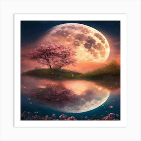 Full Moon And Cherry Blossoms Art Print