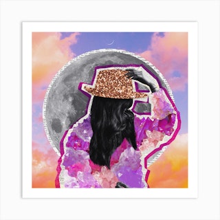 Sparkly Crystal Glitter Girl Moon Collage Square Art Print