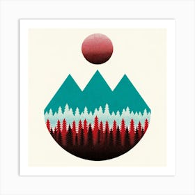 Title: "Crimson Sphere over Teal Summit"  Description: "Crimson Sphere over Teal Summit" is an evocative piece that combines the stark beauty of a rich, crimson sphere hovering above a stylized teal mountain range. The mountains, with their textured appearance, give way to a forest of pine trees, depicted in darker hues, which create a layered visual effect. The image is set against a muted cream background, allowing the bold colors to stand out. This abstract representation blends the boundaries between modern graphic design and elements of nature, crafted to draw the viewer into a world where color and form converge in a dance of digital elegance. It is a perfect representation of artistic contrast and natural symmetry, ideal for an audience that appreciates the intersection of art, nature, and technology. Art Print