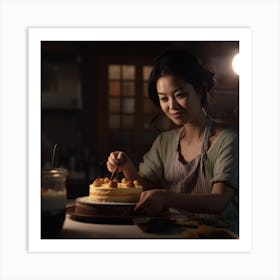 Asian Woman Making A Cake Art Print