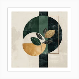 Golden Foliage: Abstract Geometric Composition in Green, Beige, and Neutral Tones Art Print