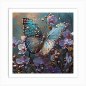 Blue Butterfly On Orchids 1 Art Print