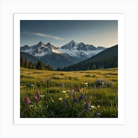 A Serene Alpine Meadow With Wildflowers And A Backdrop Of Snow Capped Mountains Art Print