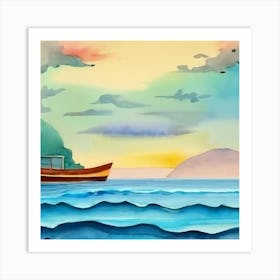 Watercolor Boat On The Sea Art Print