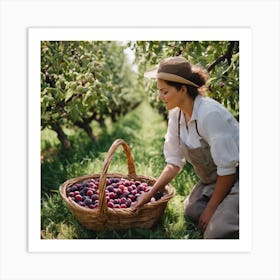 Woman Picking Plums In An Orchard 2 Art Print