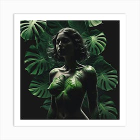 Woman With Green Leaves On Her Body Art Print