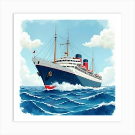 Majestic Ocean Liner Navigating Watercolor Waves 1 Art Print