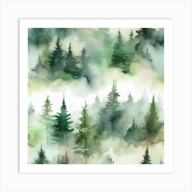 Appalachian Mountains of Misty Pines Watercolor Print of Evergreen Forest..360 Art Print