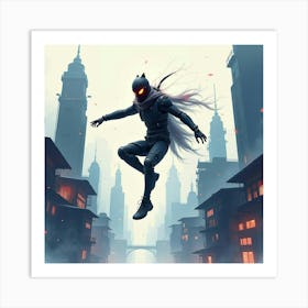 Cyber Assassin Leaping Across Futuristic Rooftops, Watercolor Art 1 Art Print