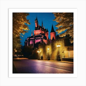Pink lit castle and golden lit streets Art Print