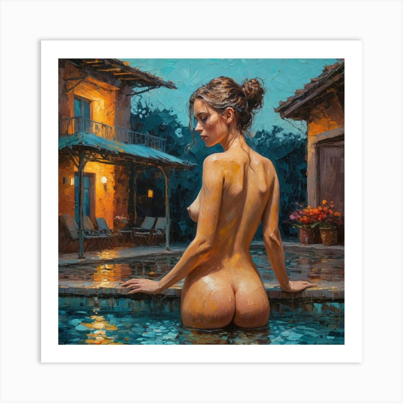 Nude Woman In A Pool at Night, Vincent Van Gogh Style Art Print