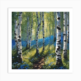 Silver Birch Woodland with Blue Speedwell Flowers Art Print