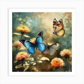 Three Butterflies And Flowers (1) Art Print