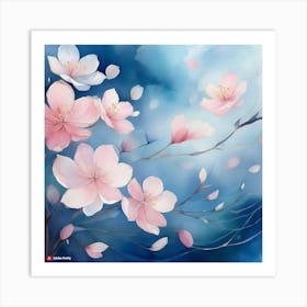 Firefly Abstract Cherry Blossom Petals In Watercolor Style, Floating Gently On A Misty Blue Backgrou Art Print