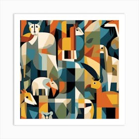 A Cubist Inspired Zoo Scene Where Various Animals From Different Habitats Are Depicted With Fragmented And Geometric Form Art Print