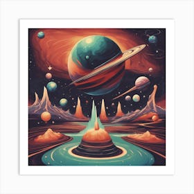 A Retro Style Planets Space, With Colorful Exhaust Flames And Stars In The Background Art Print