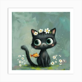 Black Cat With Fish 1 Art Print