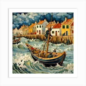 Boat In The Harbour Stormy Sea Art Print