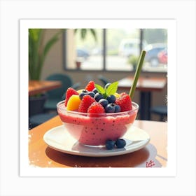 Watercolor Portrayal Of A Fresh And Vibrant Fruit Smoothie Bowl On A Cozy Restaurant Table Art Print