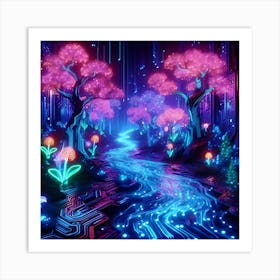 A Neon Lit Jungle With Glowing Flora And Fauna 2c Where The Trees Are Circuit Boards And The Rivers Flow With Liquid Light Art Print