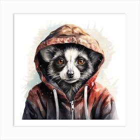 Watercolour Cartoon Lemur In A Hoodie Art Print