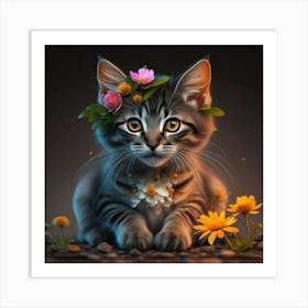 Kitty With Flowers Art Print