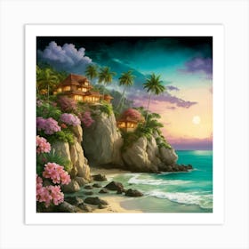 beautiful house in beach under moonlight Art Print
