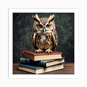 Owl On Books, An Owl Perched On A Stack Of Books Symbolizing Wisdom And Learning 3 Art Print